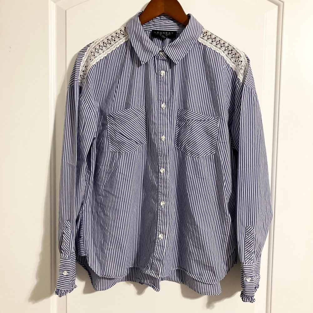 Laundry by Shelli Segal Button-Up Blue White Pinstripe Lace & Ruffle Detail Sz M